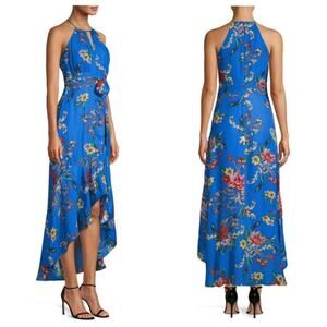 Parker Sleeveless Halter High-Low Ruffle Dress in Blue Floral - Size 6